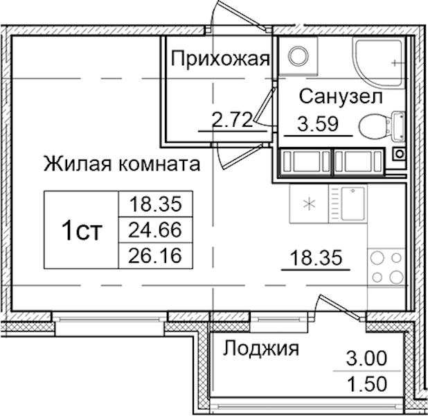 Квартира студия 26.16 м², 8/9 эт., ЖК «Квартал Заречье»